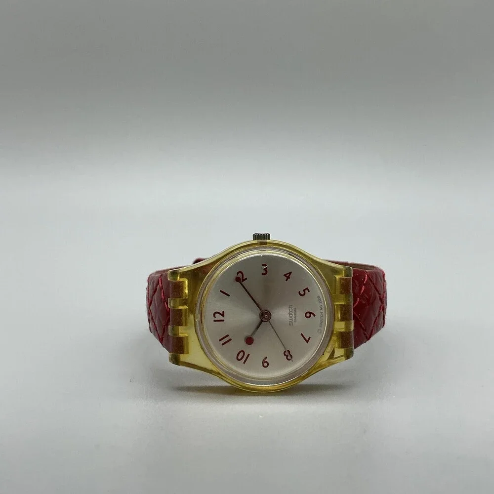 Vintage Swatch Womens Watch 25mm Silver Dial Yellow Case Red Leather Swiss